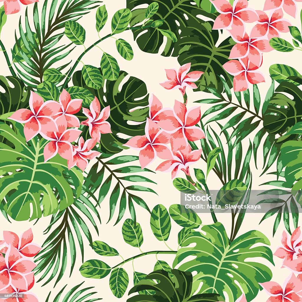 Seamless exotic pattern. Seamless exotic pattern with tropical leaves and flowers. Vector illustration. Tropical Climate stock vector