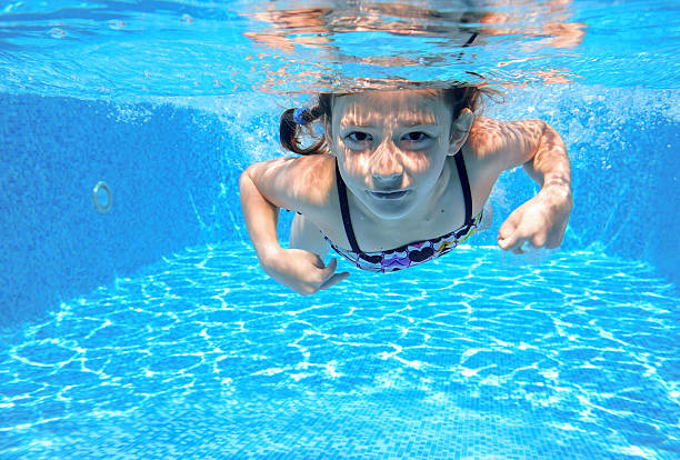 istock Happy girl swims in pool underwater, active kid swimming 481936664