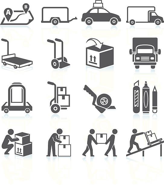 옮겨가기 및 운송사 서비스 블랙 & 인명별 벡터 아이콘 세트 - moving office relocation box hand truck stock illustrations