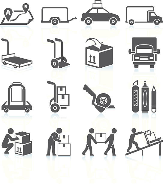 przenoszenie i movers usługi czarny & białe wektor zestaw ikon - moving office relocation box hand truck stock illustrations