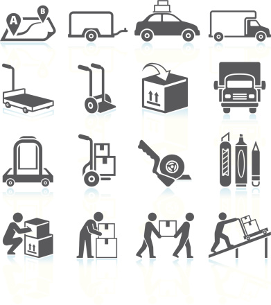 Moving and Movers Service black and white royalty free vector interface icon set. Point A to point B, movers's truck, packed car hand truck moving box, truck front view are at the top of the composition. Moving accessories, tape, and writing tools are in the middle of the image. Man signing box, two man lifting and loading are pictured at the bottom of the illustration.