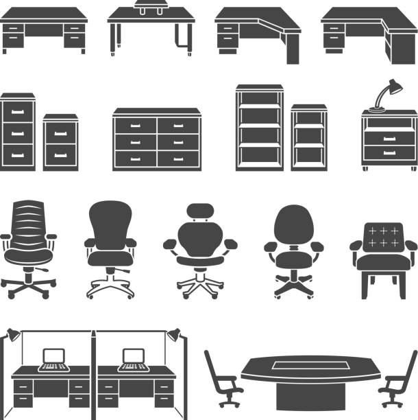Office Furniture black & white royalty free vector icon set Office Furniture black and white royalty free vector interface icon set. This editable vector file features black interface icons on white Background. Table, office desk, executive desk, cubicle desk, file cabinets and table lamp take up the top part of this vector illustration, a selection of office chairs and executive chairs, office cubicle space and conference room table are at the bottom part of this image. corporate office cubicle stock illustrations
