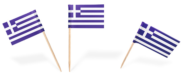 Small cocktail flags of Greece in different positions isolated on white.(series) . Also easy to use as a design element :)