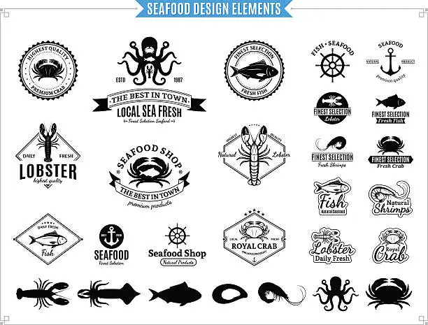 Vector illustration of Seafood Labels, Sea Animals and Design Elements