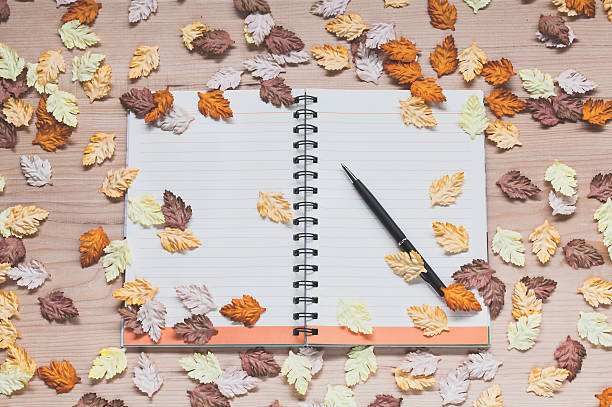 istock Spiral notebook with maple leaves on wood background 481940194