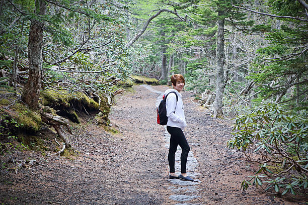 istock Beautiful woman Asian with backpack Stand in a pine forest 481940562