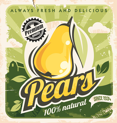 Retro pear poster design. Vintage sign for farm fresh food. Yellow fruit on old paper texture. Promotional ad layout concept.