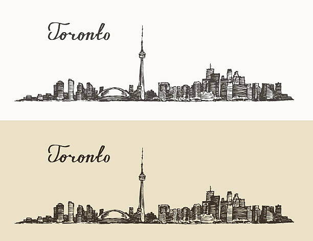 skyline von toronto, kanada hand drawn vintage gravur - toronto stock-grafiken, -clipart, -cartoons und -symbole
