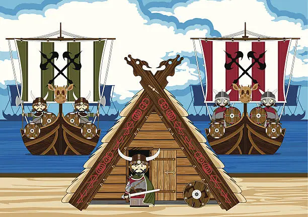 Vector illustration of Mini Viking Warriors and Ships Scene