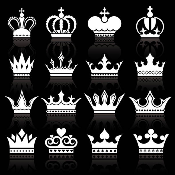 ilustrações, clipart, desenhos animados e ícones de arrase simples de coroas preto e branco royalty-free vector conjunto de ícones - marquis