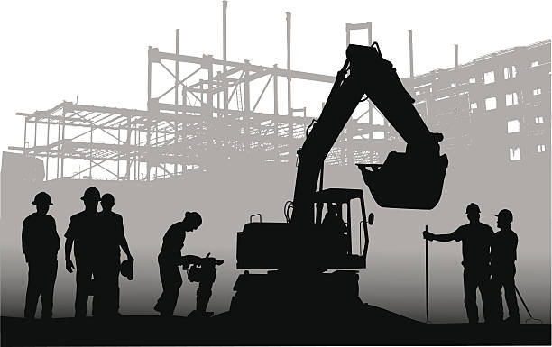 ilustraciones, imágenes clip art, dibujos animados e iconos de stock de puestos de trabajo - construction worker silhouette people construction