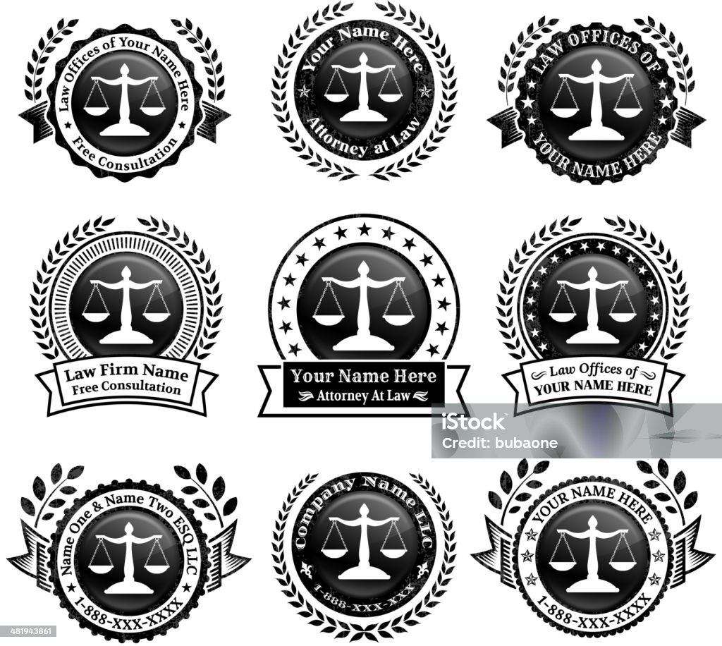 Law Attorney black & white Vector Icon badge set Law Attorney black and white interface icon badge set. This editable vector file features computer icons on white background. The icons are organized in rows and can be used as app icons, online as internet web buttons, in digital and print. Icon download includes vector graphic and jpg file. Law stock vector