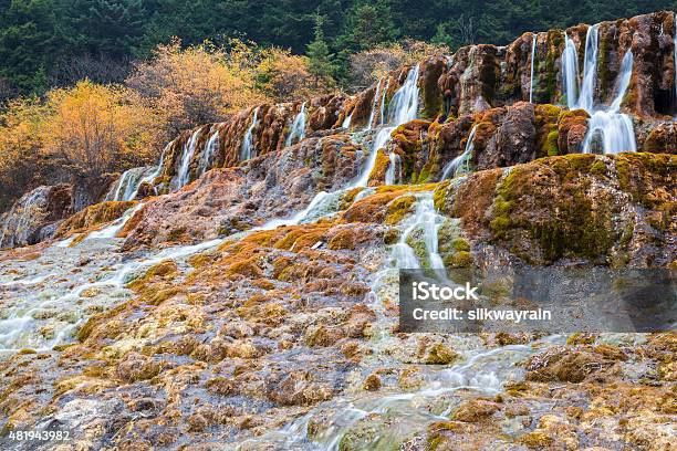 Travertine Waterfall Stock Photo - Download Image Now - 2015, Autumn, Autumn Leaf Color