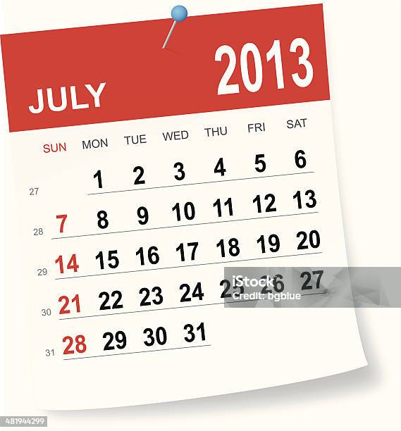 Lipiec 2013 Kalendarz - Stockowe grafiki wektorowe i więcej obrazów 2013 - 2013, Kalendarz, Lipiec