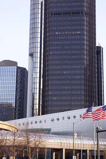 Detroit, USA - December 15, 2014: The headquarters building of General Motors at the Renaissance Center in downtown Detroit, Michigan, USA.