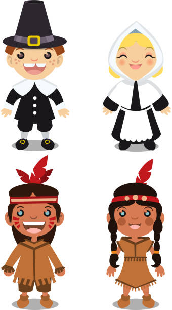 땡스 기부 보그다 - thanksgiving pilgrim turkey little girls stock illustrations
