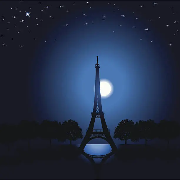 Vector illustration of Eiffel Tower - Paris France, Moonlight Background