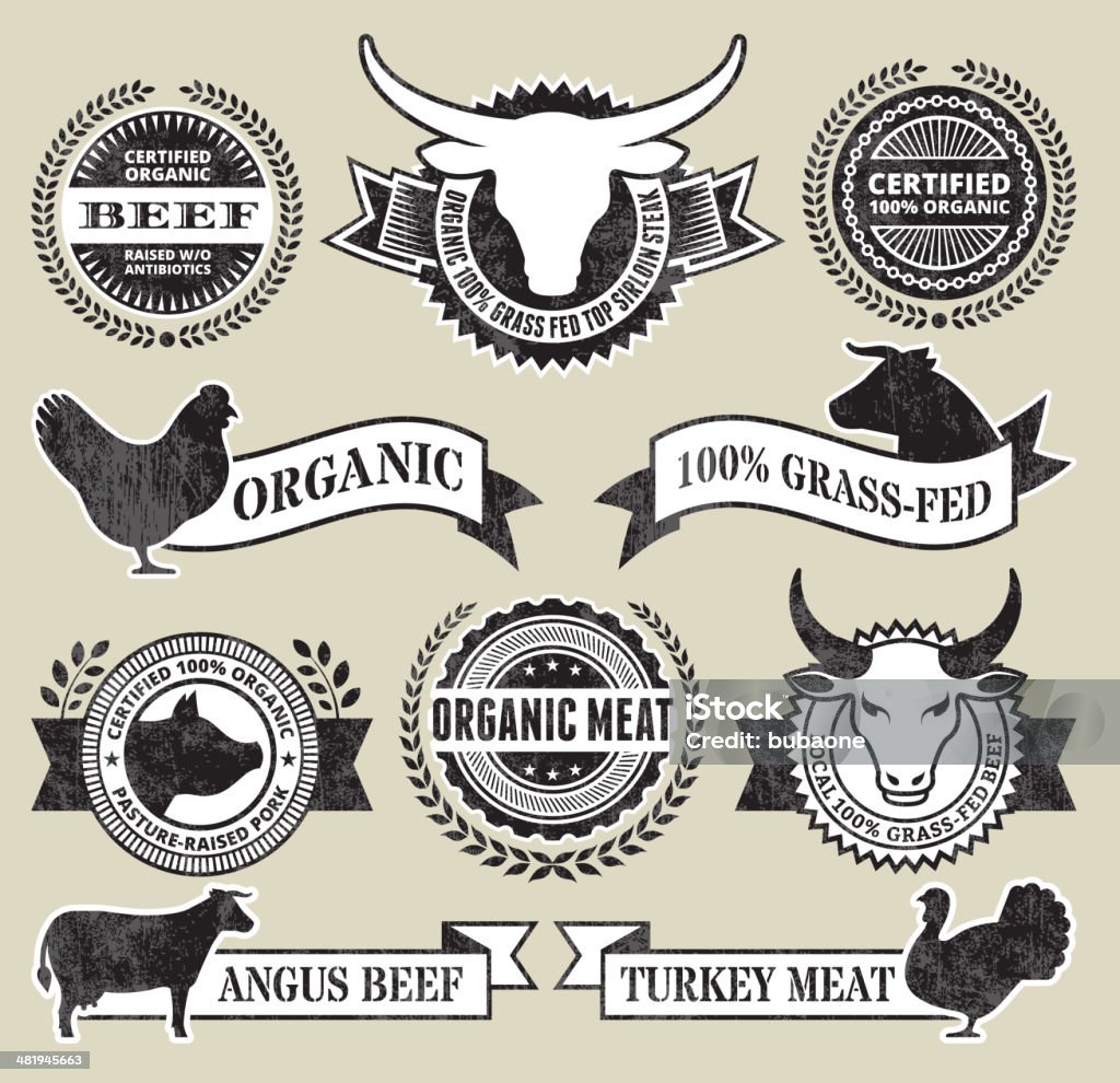 Carne orgánica y aves Grunge conjunto de iconos vectoriales sin royalties - arte vectorial de Carne de vaca libre de derechos