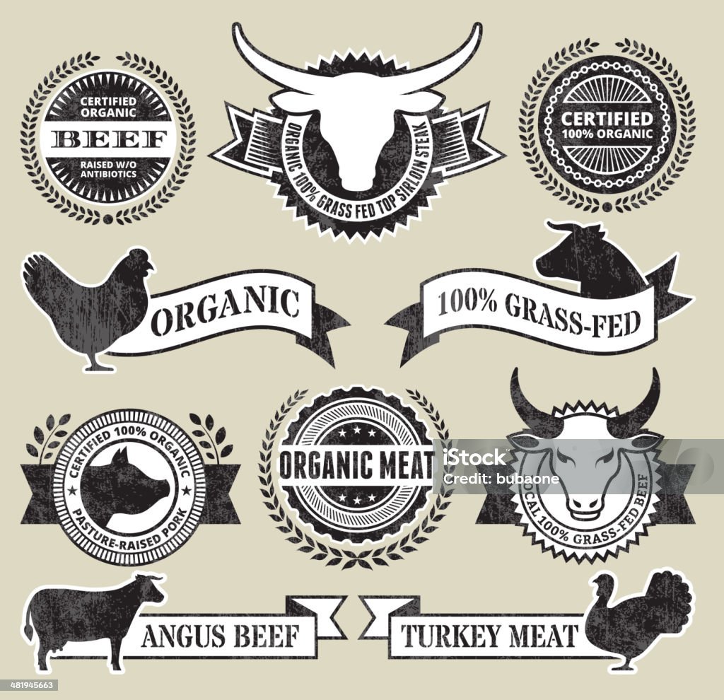 Viande et volaille bio Grunge Ensemble d'icônes vectorielles libres de droits - clipart vectoriel de Viande de boeuf libre de droits