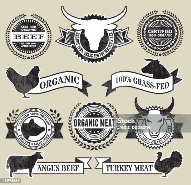 オーガニックの肉と鳥肉グランジロイヤリティフリーのベクターアイコンセット - 牛肉のベクターアート素材や画像を多数ご用意 - 牛肉, 証明書, 食肉処理場