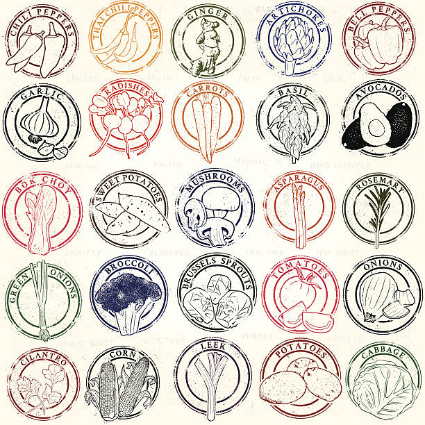 Mega Vegetable Stamp Collection Series of stylized stamps of vegetables. Great for a rustic look. Lots of detail.  postage stamp illustrations stock illustrations