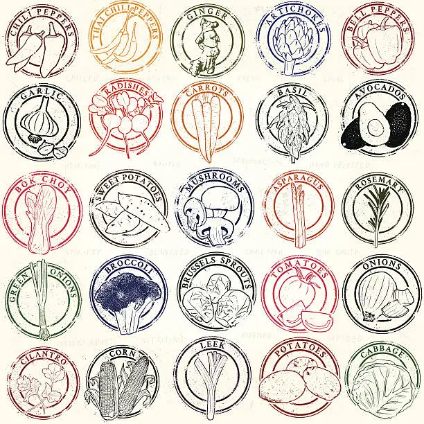 Vector illustration of Mega Vegetable Stamp Collection