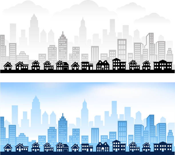 illustrazioni stock, clip art, cartoni animati e icone di tendenza di skyline della città comunità suburbana con panoramiche grafica vettoriale royalty-free - skyline silhouette cityscape residential district