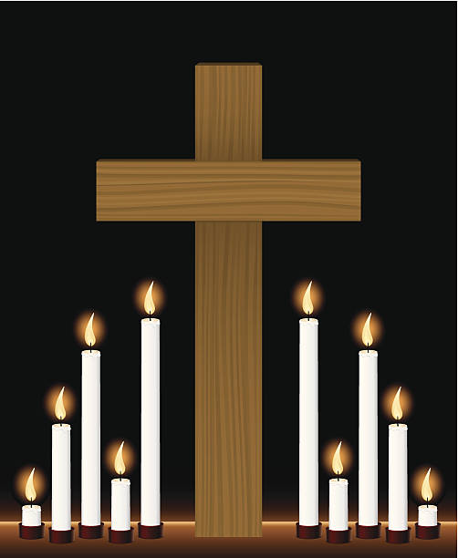 вигилия при свечах и крест - memorial vigil candlelight candle memorial service stock illustrations