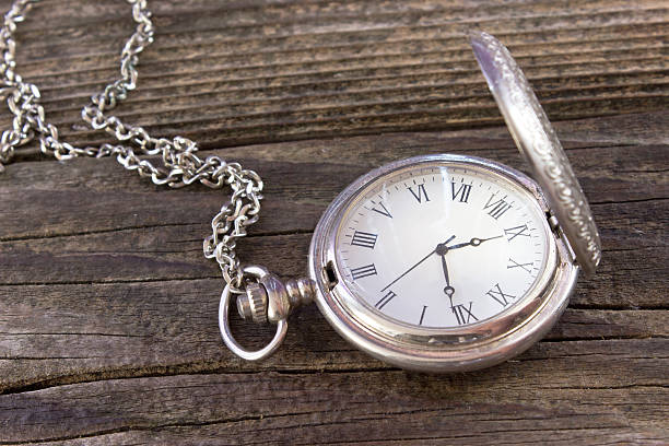 istock Old pocket watch with chain on wooden background 481946706