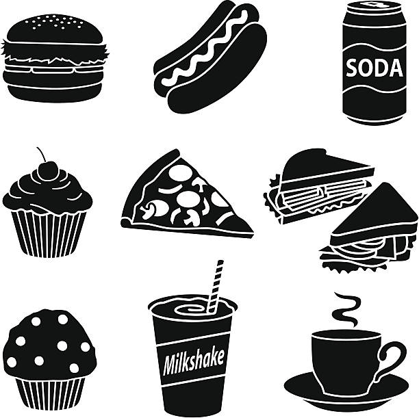 fast food diet Vector icons of fast food for breakfast, lunch and dinner. lunch silhouettes stock illustrations