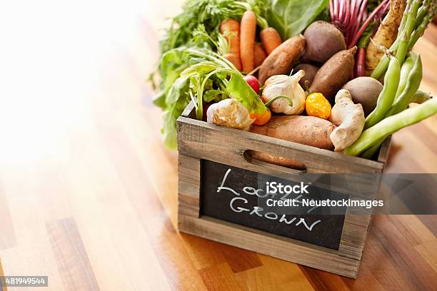 Homegrown Vegetables In Wooden Crate At Kitchen Stock Photo - Download Image Now - 2015, Abundance, Asparagus