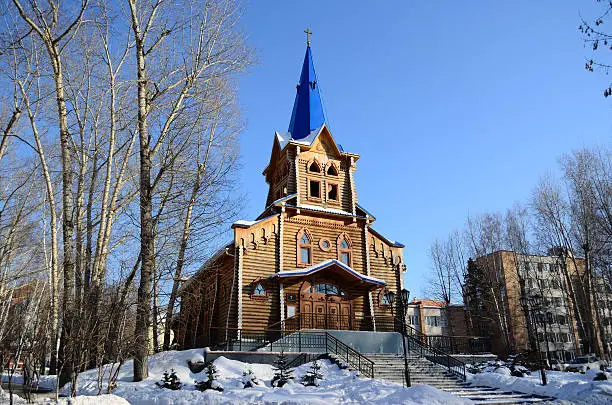 Wooden Lutheran church in the park in Tomsk, Russia