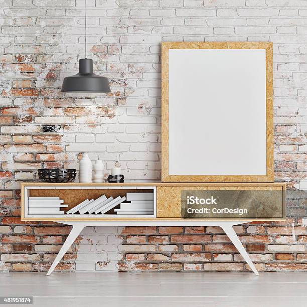 Mock Up Poster On Table In Room Stock Photo - Download Image Now - 2015, Book, Bookshelf