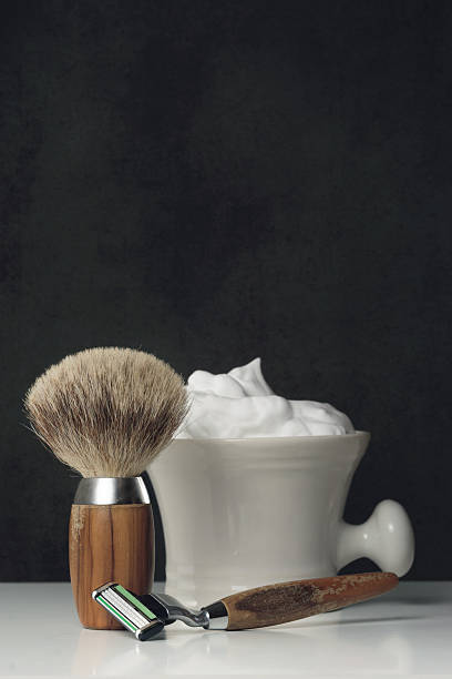 istock vintage Shaving Equipment on white Table and dark Background 481952660