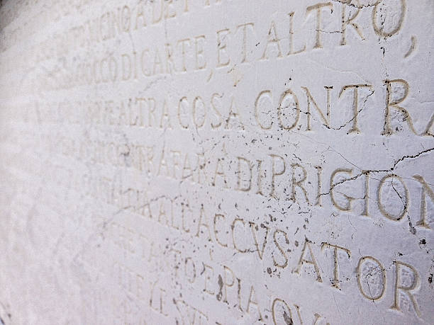 istock Chiselled Marble writing in Latin on building in Venice 481953198