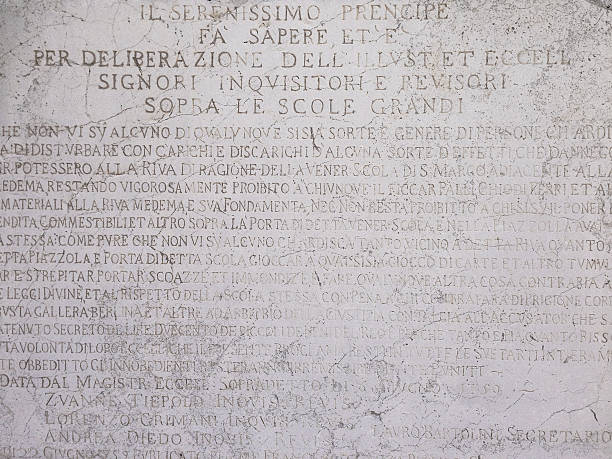 istock Chiselled Marble writing in Latin on building in Venice 481953202