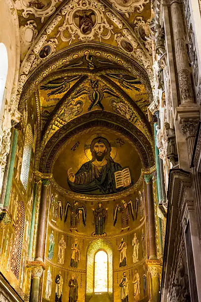 The Christ Pantokrator in Cathedral-Basilica of Cefalu, which is an old Roman Catholic church in Cefalu, Sicily, southern Italy.