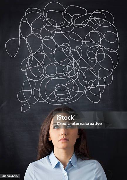 Businesswoman Mess On Blackboard Stock Photo - Download Image Now - Business, Looking Up, Women