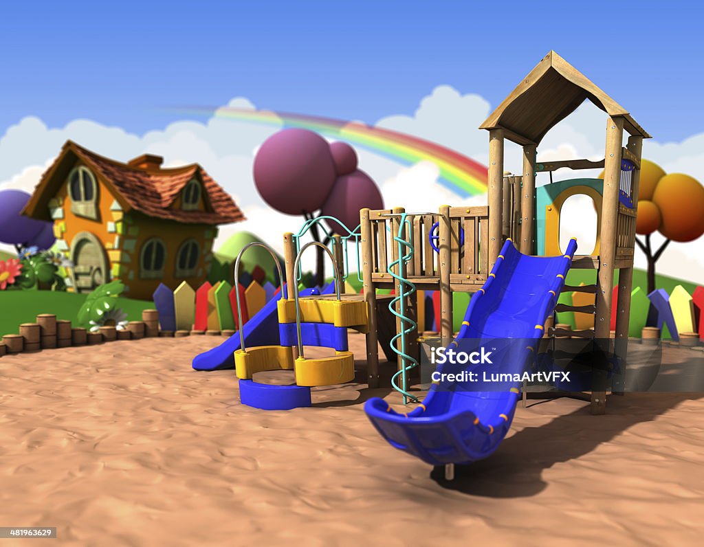 3D Playground 3D modeled cartoon playground with the slide and a little house in the background. Soft DOF used. Cartoon Stock Photo