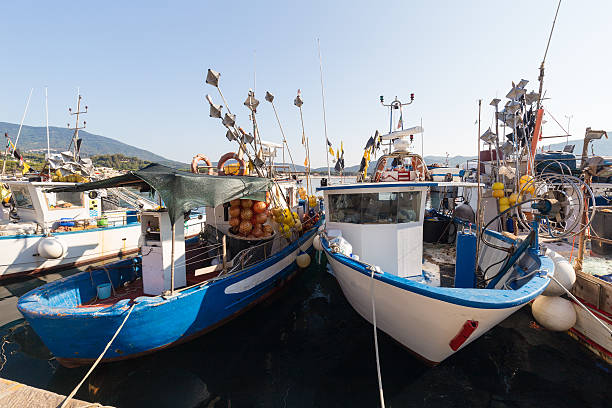 Fishing boats anchored at the port fishing boats returning to port after work yacht rock music stock pictures, royalty-free photos & images