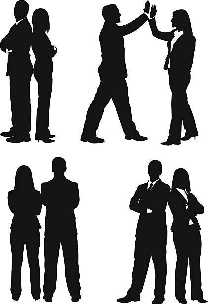ilustraciones, imágenes clip art, dibujos animados e iconos de stock de los ejecutivos de negocios de pie juntos - men inside of suit silhouette
