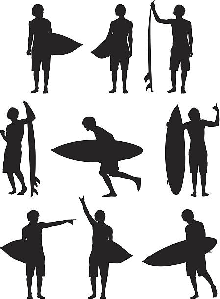 illustrazioni stock, clip art, cartoni animati e icone di tendenza di uomo in piedi con la tavola da surf - one person white background swimwear surfboard