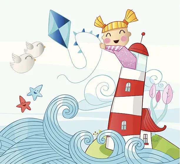 Vector illustration of Little Girl in a lighthouse with kite