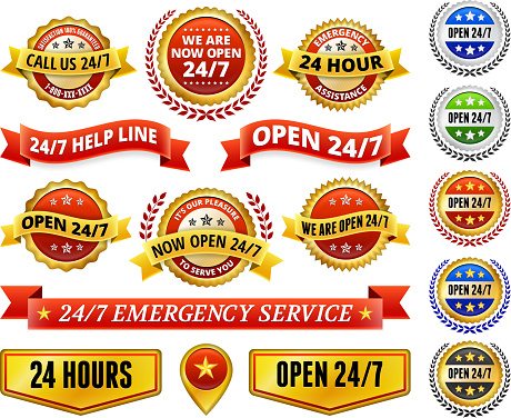 Open 24 7 Badges Red and Yellow Badge Set