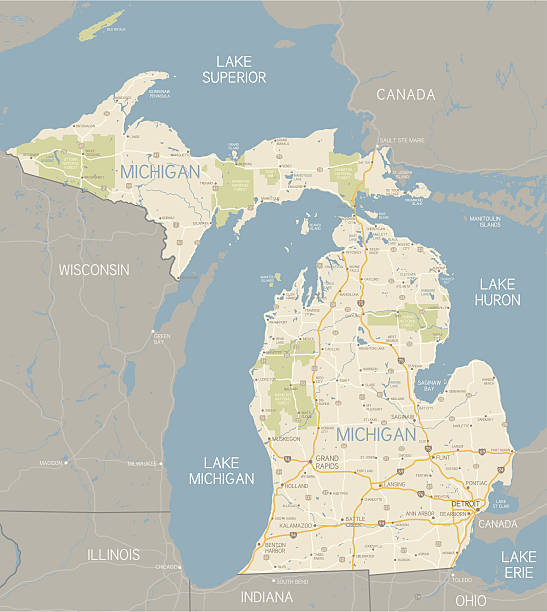 Michigan Map A detailed map of the Michigan. Includes major highways, cities, rivers and lakes. Elements are grouped and separate for easy color changes. Includes an extra-large JPG so you can crop in to the area you need. michigan stock illustrations