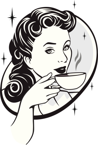 A retro illustration of a woman drinking coffe 