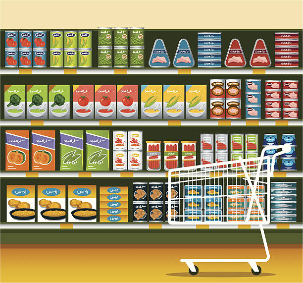 illustrations, cliparts, dessins animés et icônes de supermarché avec aliment en boîte - shelf