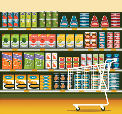 Supermarket and shopping cart, with different kinds of canned food. Zip contains AI, PDF and hi-res jpeg. Related Files: