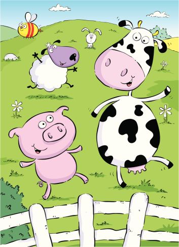 A cool cow, sheep, pig, rabbit and bee in a field.