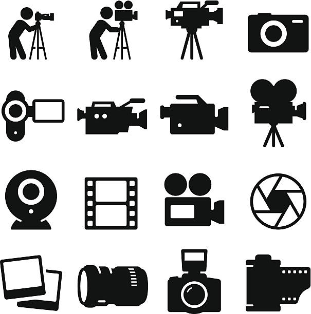 ilustrações de stock, clip art, desenhos animados e ícones de câmara série de ícones-preto - movie camera